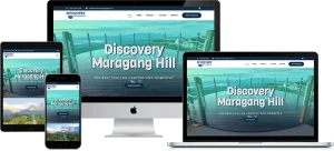 Responsive camping website design for Discovery Maragang Hill displayed on multiple devices showing scenic mountain views, featuring consistent branding and vacation packages across all platforms