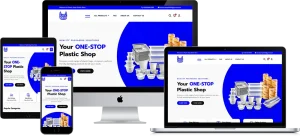Responsive e-commerce website for plastic packaging solutions displayed across multiple devices featuring blue color scheme, product images and consistent shopping functionality