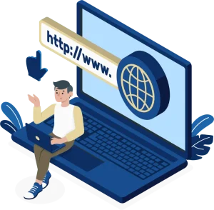 Digital world navigation illustration featuring cartoon character with laptop beside giant computer showing URL and globe symbol, perfect for website development and internet browsing tutorials