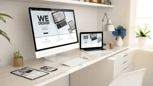 Sabah Web Design professional workspace featuring multiple devices displaying responsive web projects with minimalist white aesthetic and elegant organization